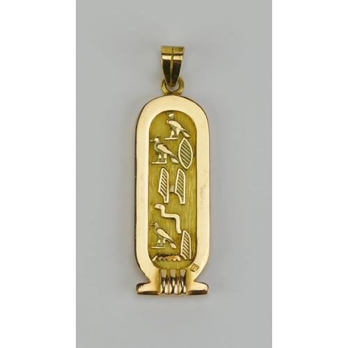 27 - An Egyptian 18ct Gold Hieroglyph Pendant, 43.6mm drop, Egyptian purity mark,  8.29g