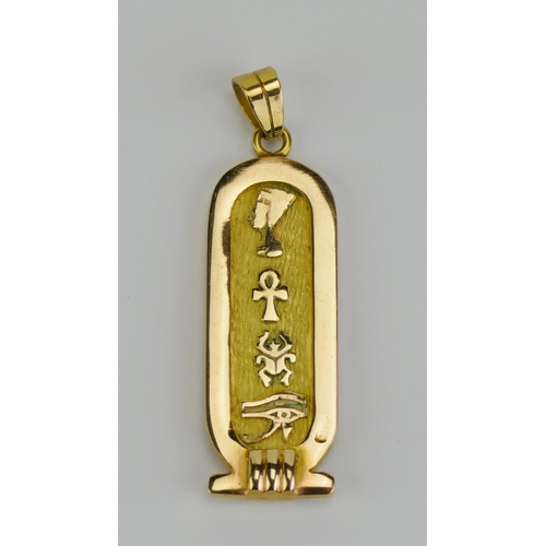 27 - An Egyptian 18ct Gold Hieroglyph Pendant, 43.6mm drop, Egyptian purity mark,  8.29g