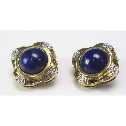 291 - A Pair of 9ct Gold, Diamond and Lapis Lazuli Clip on Earrings, hallmarked, 6.09g