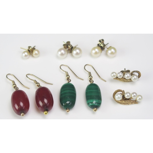 297 - A Pair of 9ct Gold and Cultured Pearl Foliate Earrings (hallmarked, 3.2g), a pair of 9ct gold studs,... 