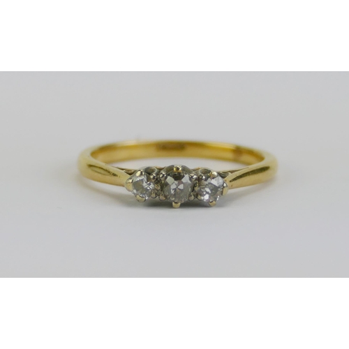 35 - An 18ct Gold and Old Cut Diamond Three Stone Ring, c.3.3mm principal stone, size P, 3.11g