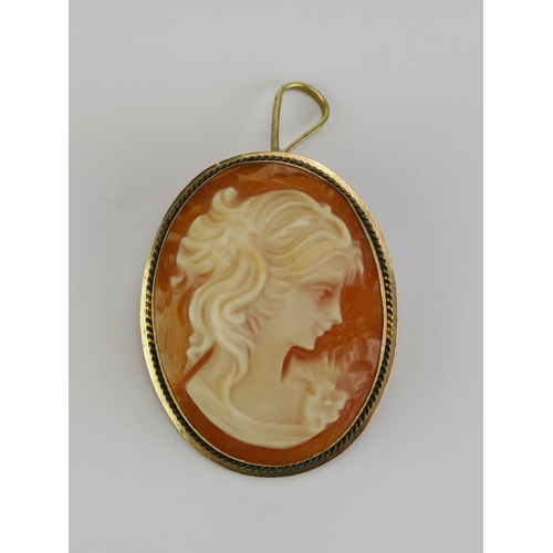 37 - A 9ct Gold Shell Cameo Brooch decorated with a female bust in profile and with a pendant loop, 27.4x... 