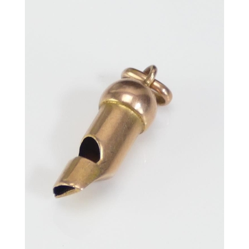 43 - A Precious Yellow Metal Whistle Charm, KEE tests as 15ct, 1.08g.  UNLESS OTHERWISE STATED, THE KEE T... 