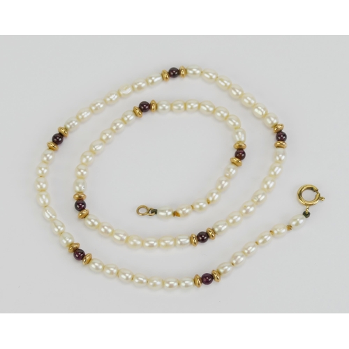 5 - A 9ct Gold, Fresh Water Pearl and Garnet Necklace, 18