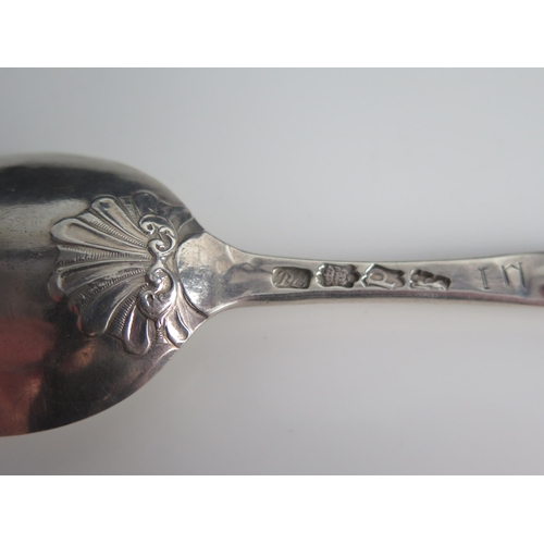 515 - A George II silver marrow scoop spoon, maker Peter Bennett, London, 1750, initialled, with lace back... 