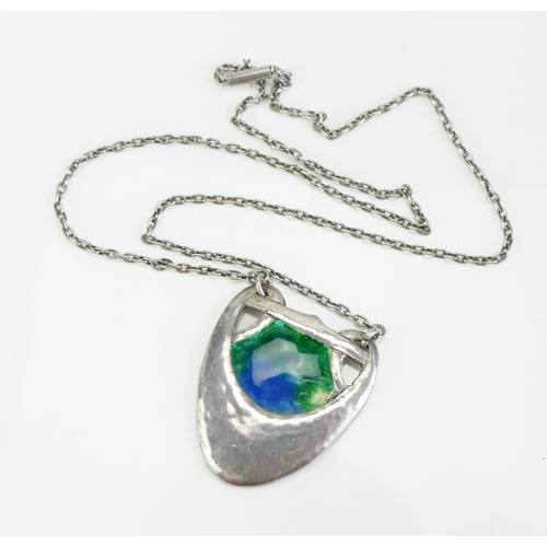 52 - An Arts & Crafts Planished Silver and Enamel Pendant (38.2mm drop) and on a 19.5