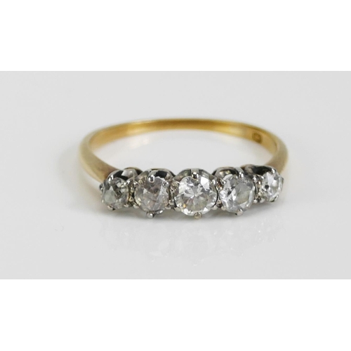 61 - An Old Cut Diamond Five Stone Ring in a precious yellow and white gold setting, c. 3.9mm principal s... 