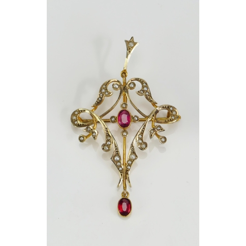 62 - A 9ct Gold, Ruby and Seed Pearl Pendant with detachable suspension and brooch back, 58.4mm drop, sta... 