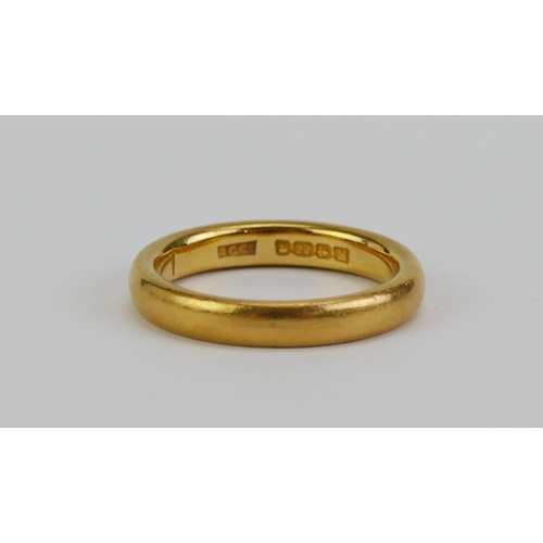 7 - A 22ct Gold Plain Wedding Band, 3mm wide, size H.5, Birmingham 1936, 4.4g