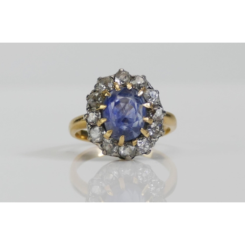 71 - An 18ct Gold, Sapphire and Old Cut Diamond Cluster Ring, 16.1x14.4mm head, size L, stamped 18CT, 7.5... 