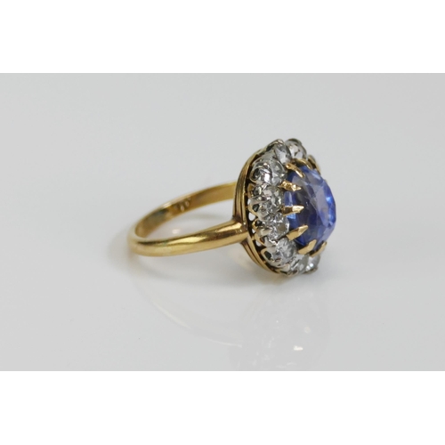 71 - An 18ct Gold, Sapphire and Old Cut Diamond Cluster Ring, 16.1x14.4mm head, size L, stamped 18CT, 7.5... 