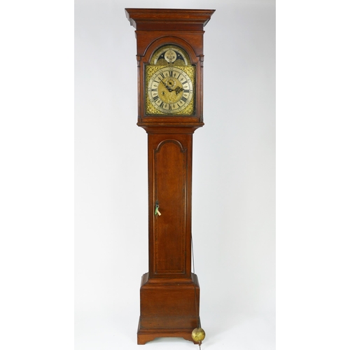 1343 - Francis Bayley, Uttoxeter, an 18th century oak longcase clock, with square hood, the trunk having an... 