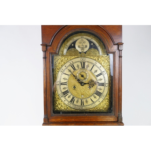 1343 - Francis Bayley, Uttoxeter, an 18th century oak longcase clock, with square hood, the trunk having an... 