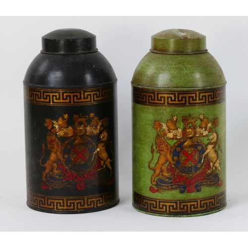 1438 - Two 18th century style tole ware tea canisters and covers, of traditional design with polychrome and... 