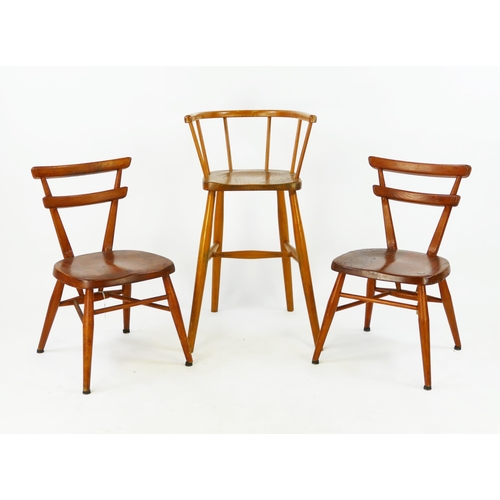 1468 - A pair of Ercol stacking chairs with bar backs, solid seats and turned under framing, and another Er... 