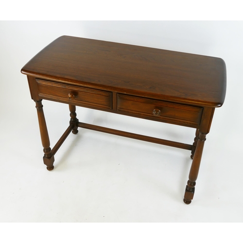 1479 - A teak Ercol side table with rectangular top, two frieze drawers. on ring turned legs linked by stre... 