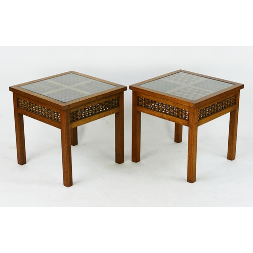 1485 - A pair of Moorish style occasional tables, of square outline, with ring turned decorated tops, and f... 