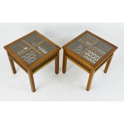 1485 - A pair of Moorish style occasional tables, of square outline, with ring turned decorated tops, and f... 