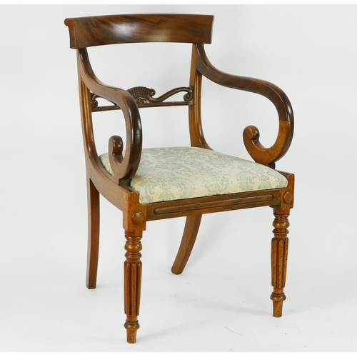 1491 - A William IV mahogany elbow chair, with curved top rail and bar back, having a stuff-over slip in se... 