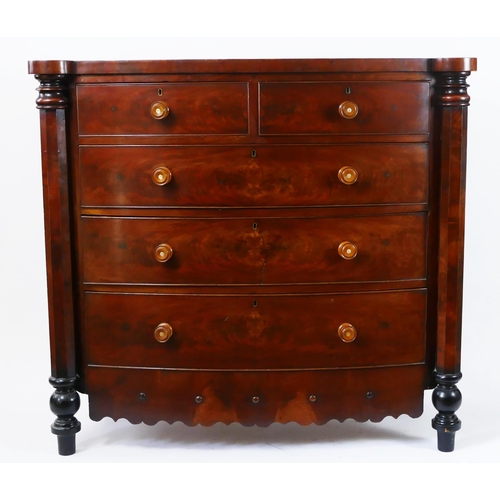 1497 - A Victorian mahogany bow front chest, containing two short and three long graduated drawers, enclose... 