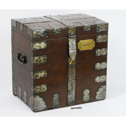 1500 - A 19th century oak and metal bound campaign/travel chest, with applied brass plaque inscribed Colone... 