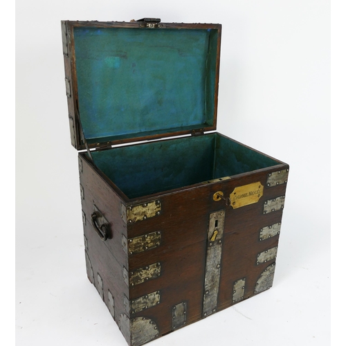 1500 - A 19th century oak and metal bound campaign/travel chest, with applied brass plaque inscribed Colone... 