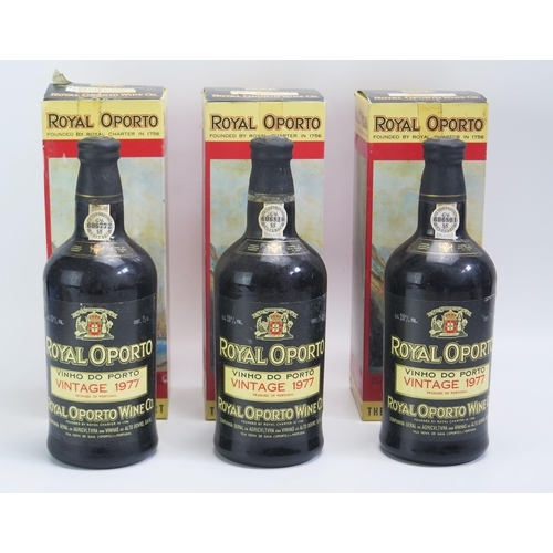 1546 - Three bottles Vintage Royal Oporto, 1977 port, all in pictorial boxes.