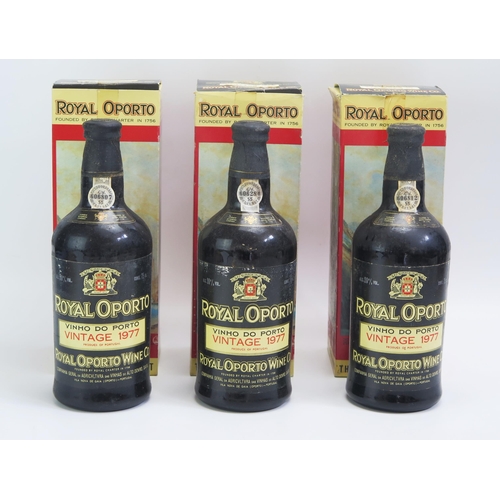 1547 - Three bottles Vintage Royal Oporto, 1977 port, all in pictorial boxes.