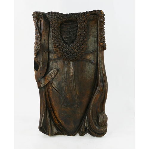 1561 - A carved oak plaque depicting a Knights Templar shield, with belt, chain mail and robe, indistinctly... 