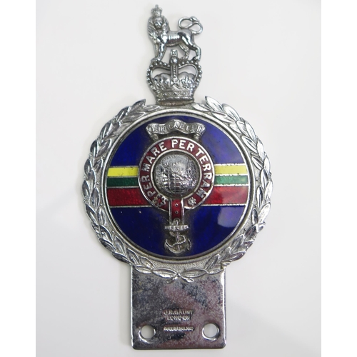 1568 - A Royal Marine chrome and enamel car badge by J R Gaunt, London, 14cm long.