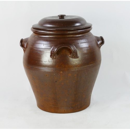 1579 - A large salt glaze  storage jar and cover of ovoid form with moulded handles to the side, 60cm high.