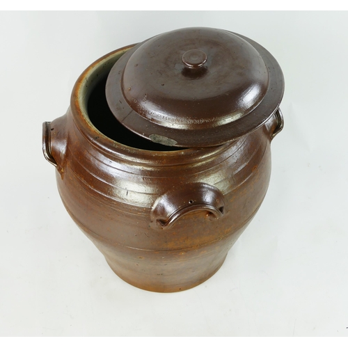 1579 - A large salt glaze  storage jar and cover of ovoid form with moulded handles to the side, 60cm high.