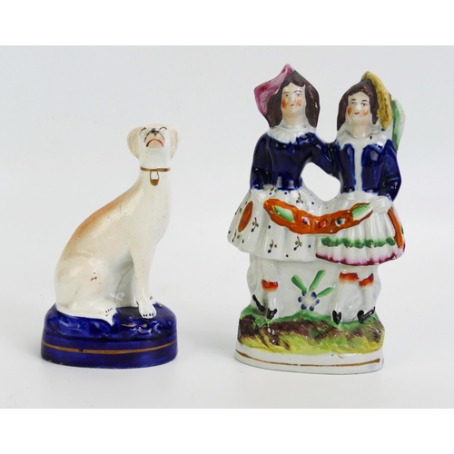 1581 - A Staffordshire flatback of a pair of children, 16cm high together with a greyhound figure, 13cm hig... 