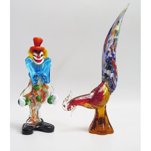 1596 - A Murano glass clown, wearing a top hat, 25cm high, together with a Murano glass cockerel, 33cm high... 