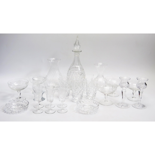 1597 - A mixed collection of assorted drinking glasses, decanter and stopper, and vases.