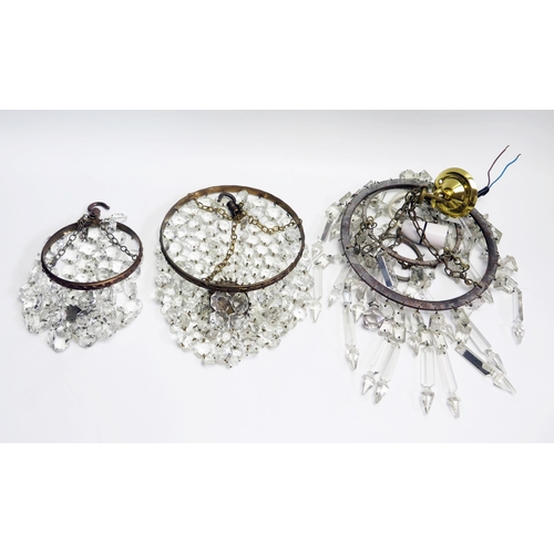 1601 - Three assorted facetted glass basket light shades, 23cm, 20cm and 13cm diameter.