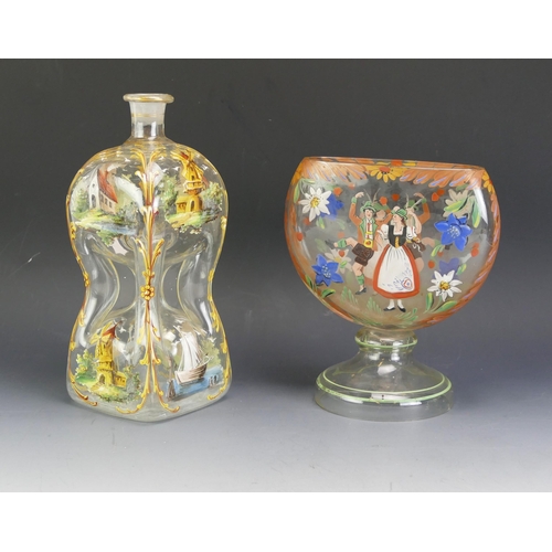 1605 - A Dutch painted glass decanter of hour-glass type with painted windmill and barge decoration, lacks ... 