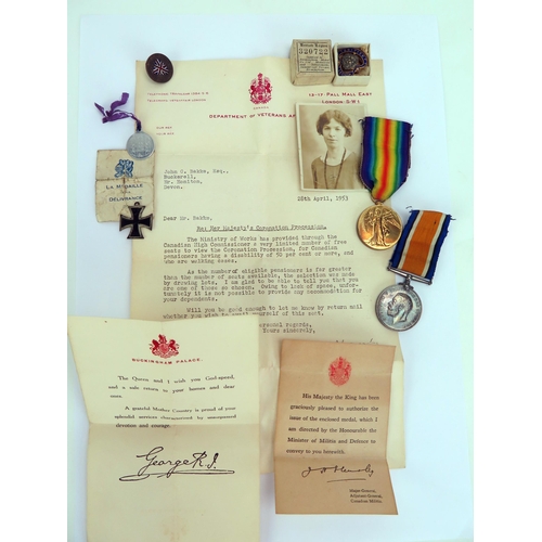 1613 - A World War One pair to 859734. Pte. J.C.Bakke. 43-Can. Inf. War and Victory Medals. Ville De Mons m... 