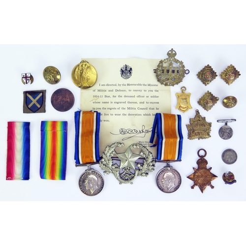 1614 - A World War One pair to 9523. Pte. E. Wheaton. 3-Can. Inf. War and Victory Medals, cap badge, two me... 