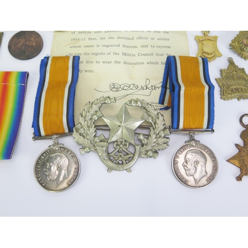 1614 - A World War One pair to 9523. Pte. E. Wheaton. 3-Can. Inf. War and Victory Medals, cap badge, two me... 