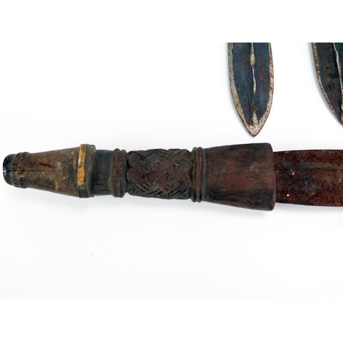 1622 - An African dagger, with 30cm double-edged blade, carved wood grip, overall length 42cm together with... 