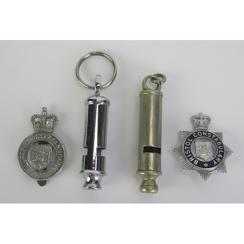 1626 - Two Bristol Constabulary cap badges, together with a whistle stamped 'Bristol Constabulary B64', and... 