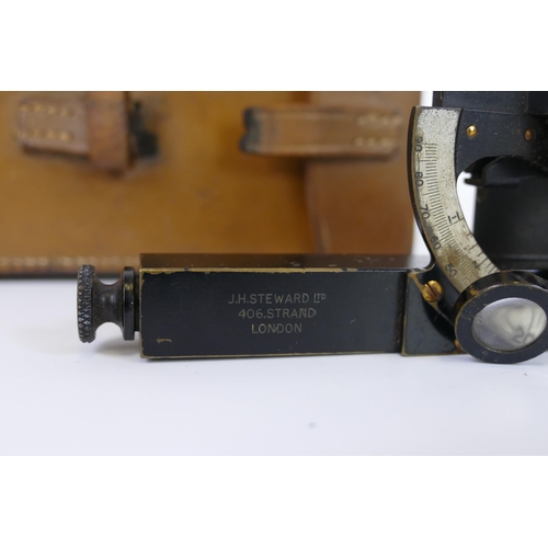 1634 - H Steward Ltd, an anodised brass inclinometer, contained in a stitched leather case.