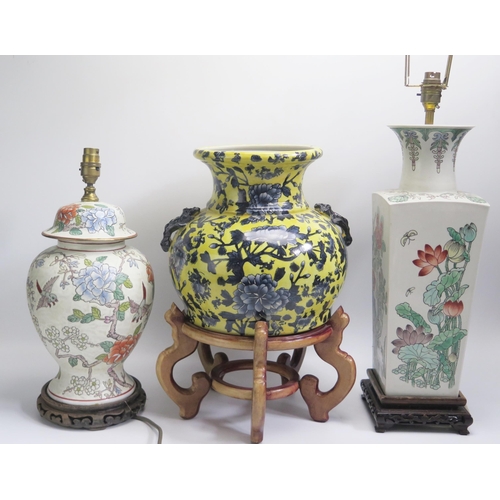 1648 - Two modern Chinese porcelain table lamps with floral decoration, a large blue floral decorated vase,... 