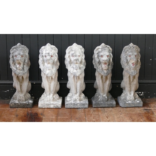 1661 - A set of five reconstituted stone lions sejant, mounted on rectangular base, 57cm high. (5).