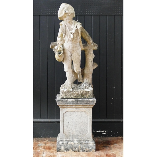 1664 - A reconstituted stone statue of a country lad holding a pitcher, mounted on a plinth base, overall h... 