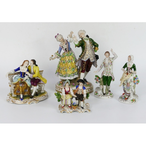 1708 - A continental porcelain figure group of a dancing gallant and lady, 24cm high, together three other ... 