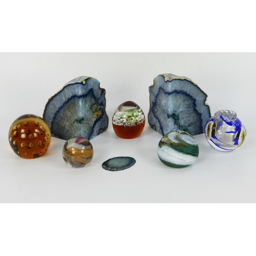 1719 - Five assorted glass paperweights, and two sections of quartz geodes.