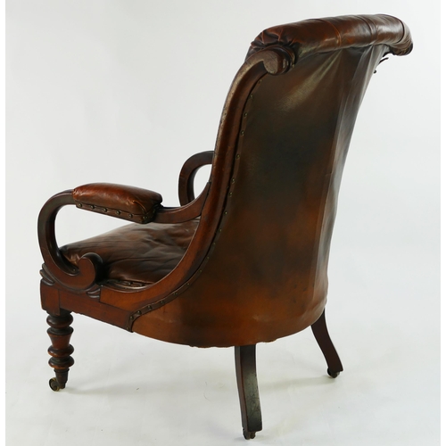 1725 - A 19th century mahogany elbow chair, with button down scroll back, stuff-over seat, on ring turned l... 