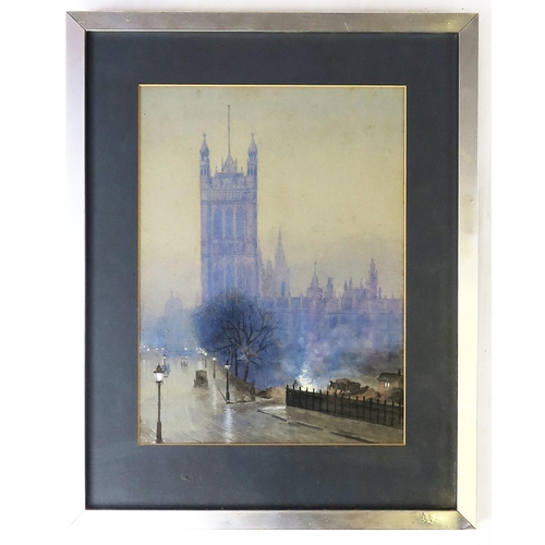 1412 - Watercolour of Westminster, unsigned, 30 x 22cm, F & G and a modern Chinese silk embroidery 64 x 33c... 